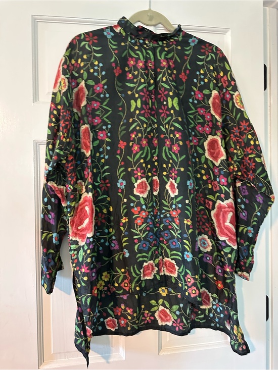 Johnny Was Tops - Johnny Was Black Floral Silk Top with Multicolor Blooms